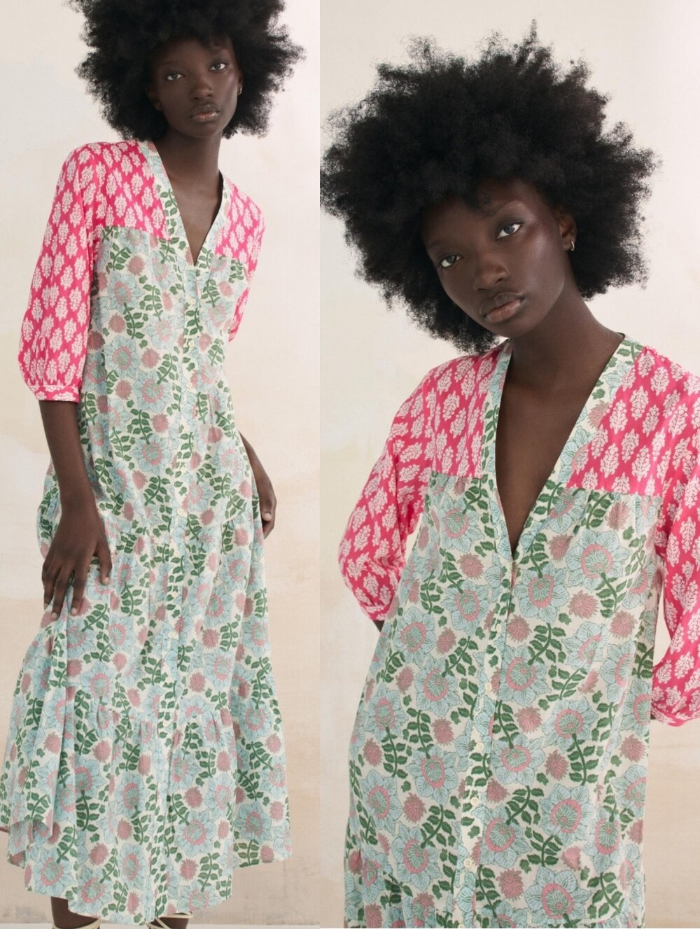 Zara Paloma Floral Block Print MIDI cotton Button Down V-Neck Dress Large